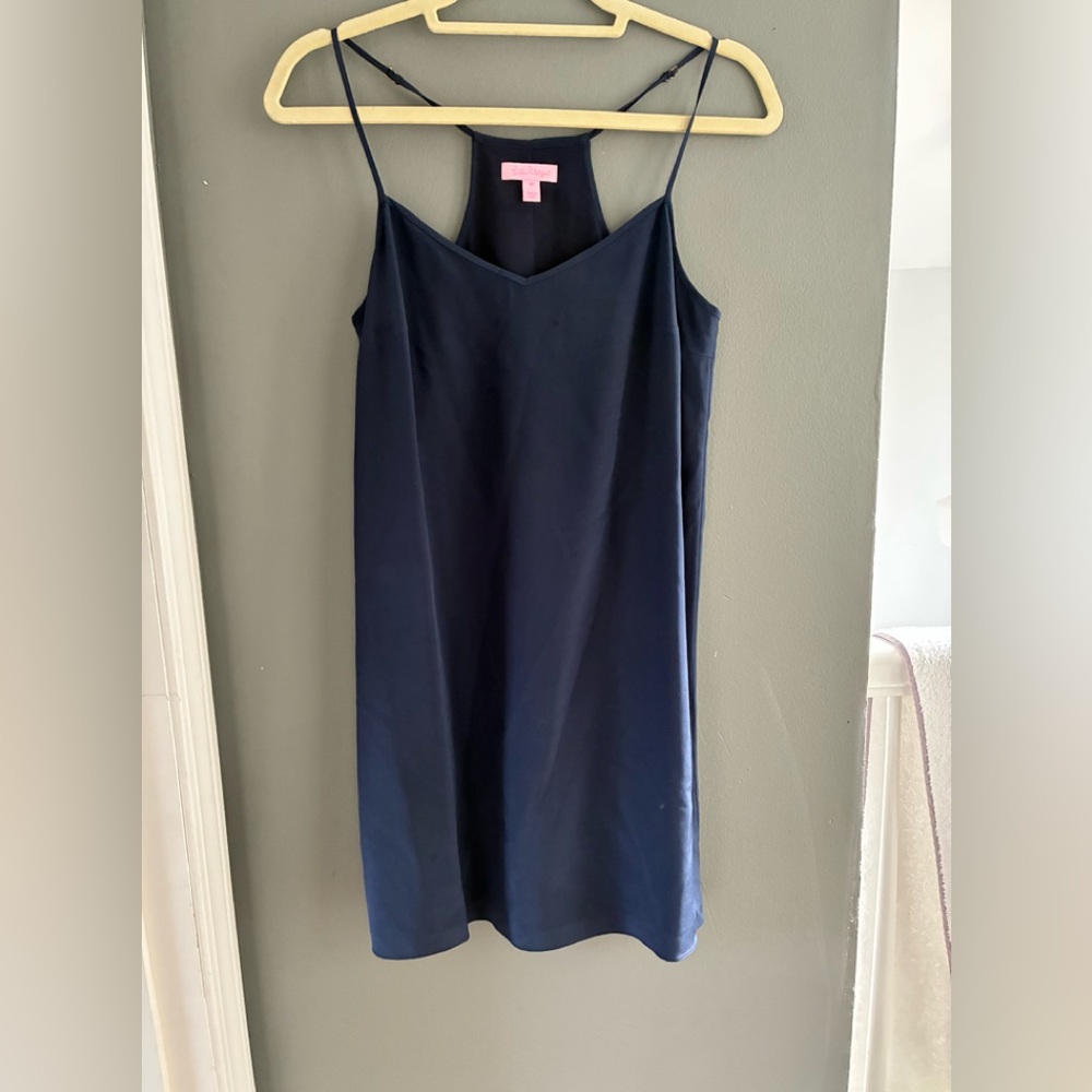 Lilly Pulitzer 100% Silk Navy Spaghetti Strap Slip Dress with Pink Label